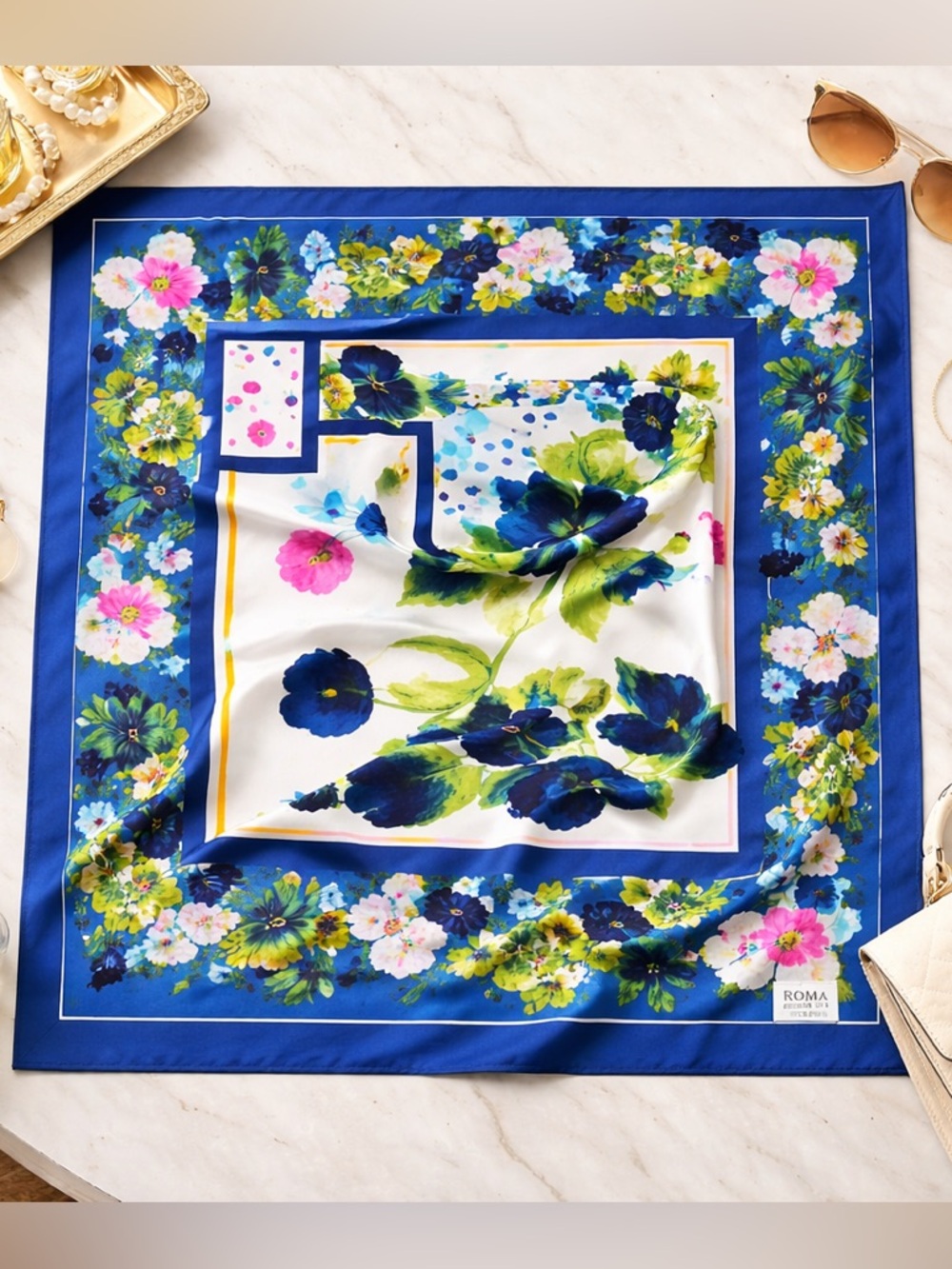 Roma Italia Silky Satin Blue Floral Scarf Square  34” Made In Italy Preppy Chic